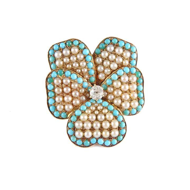 Pearl, turquoise and diamond pansy brooch-pendant